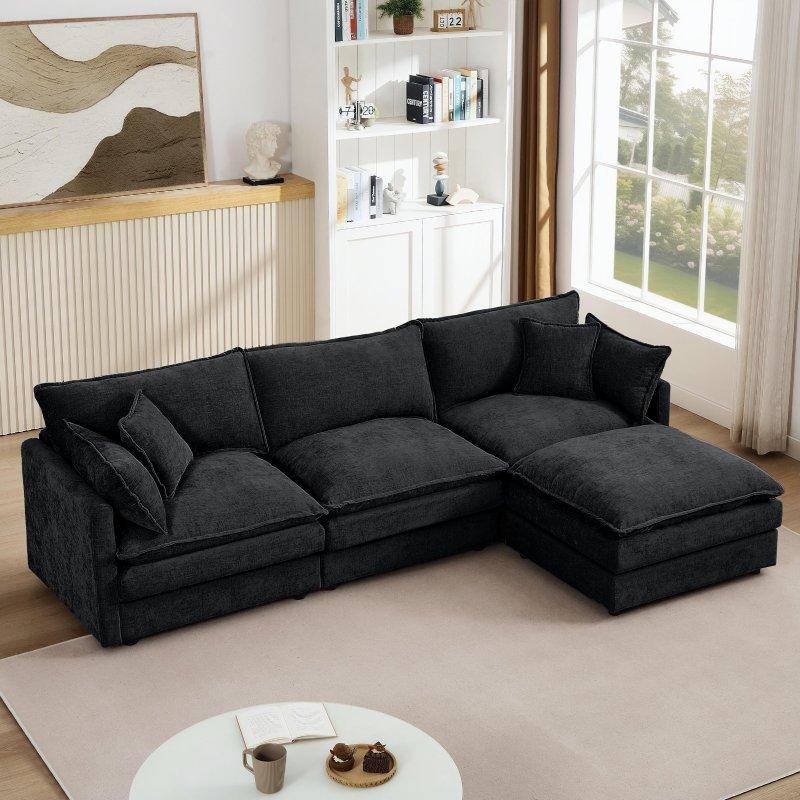 Bej Şönil Kumaş Masif Ahşap İskeletli Modüler Puf Dahil Köşe Koltuk - 260x150 cm - 254994