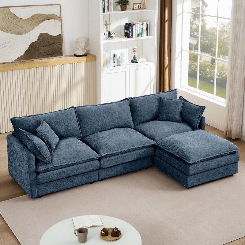 Bej Şönil Kumaş Masif Ahşap İskeletli Modüler Puf Dahil Köşe Koltuk - 260x150 cm - 254994