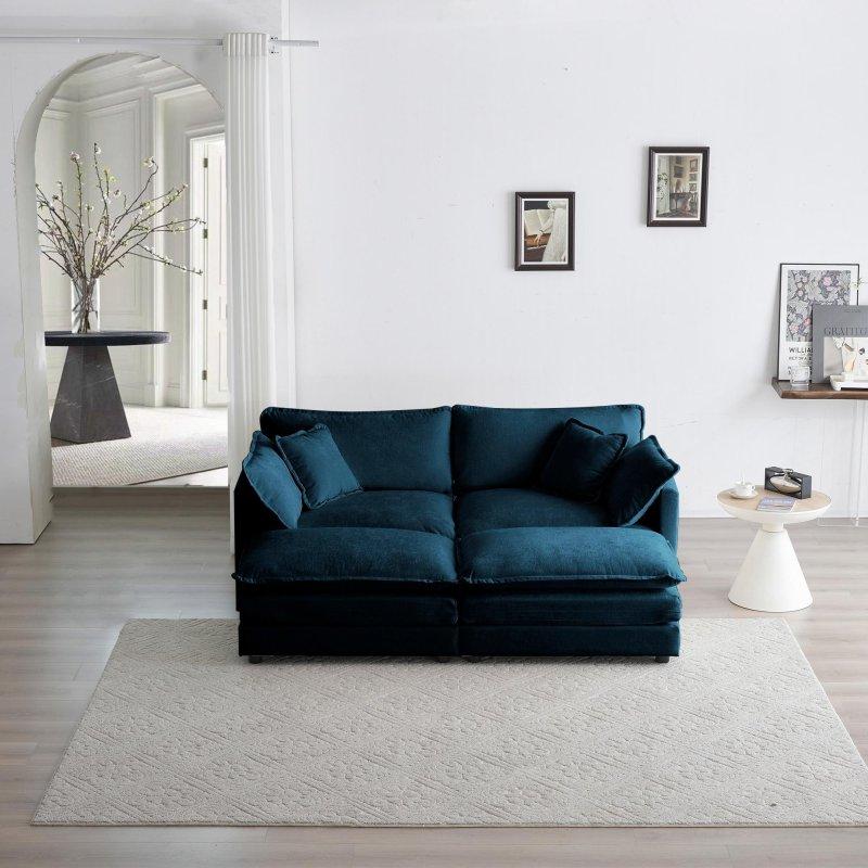 Bej Şönil Kumaş Masif Ahşap Modüler 2 Puf ve 5 Yastıklı Bohem Koltuk - 195 cm - 283409