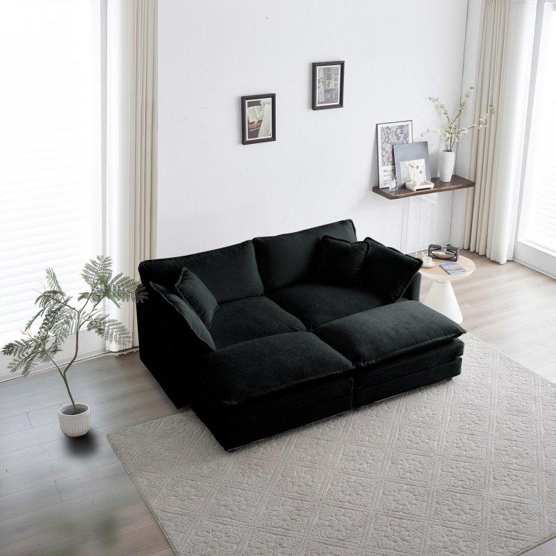 Bej Şönil Kumaş Masif Ahşap Modüler 2 Puf ve 5 Yastıklı Bohem Koltuk - 195 cm - 283409