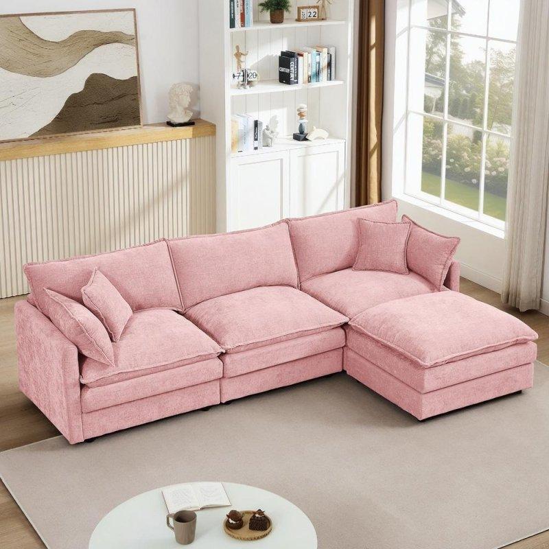 Bej Şönil Kumaş Masif Ahşap Modüler Puf Dahil Bohem Koltuk - 260x133 cm - 277067