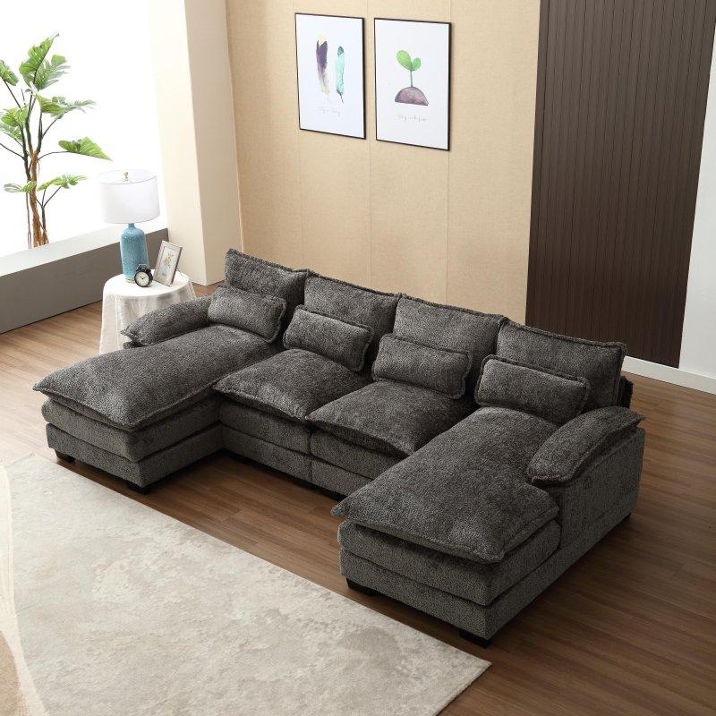 Bej Şönil Kumaş Masif Ahşap U-Şekilli Yataklı Modüler Köşe Koltuk - 282x145x82 cm - 258029