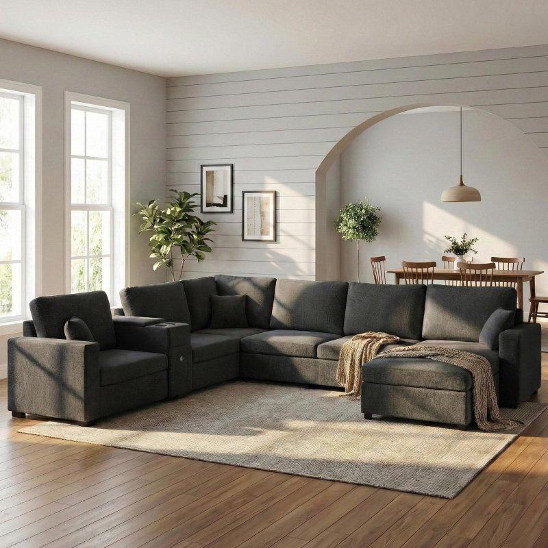 Bej Şönil Kumaş Modüler Depolama Alanlı U Şekilli Köşe Koltuk - 342x290 cm - 257323