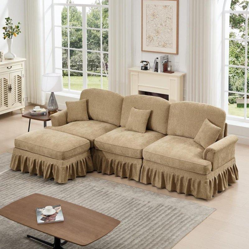Bej Şönil Kumaş Modüler Fırfırlı Etekli Puflu Köşe Koltuk - 273x141 cm - 256017