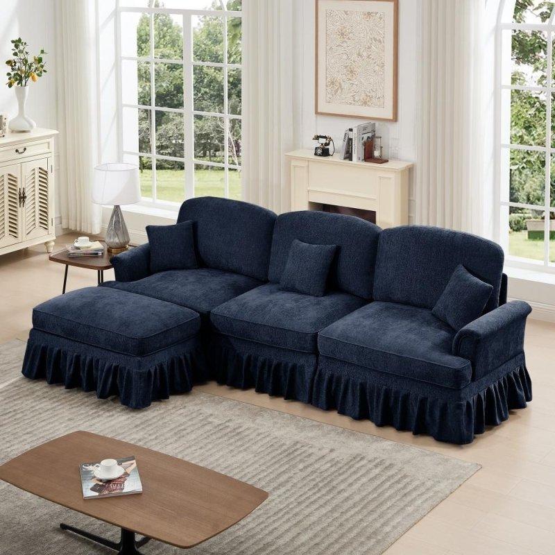 Bej Şönil Kumaş Modüler Fırfırlı Etekli Puflu Köşe Koltuk - 273x141 cm - 256017