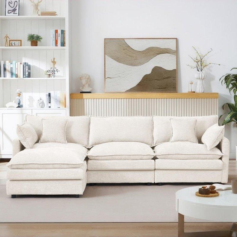 Bej Şönil Kumaş Modüler Hareketli Puflu Bohem Koltuk - 260x133 cm - 277754