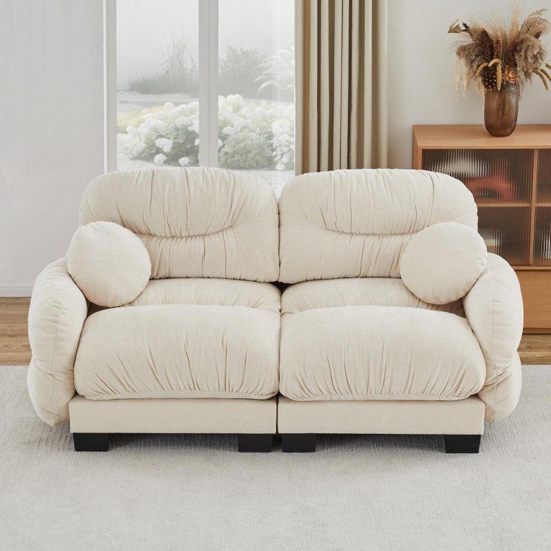 Bej Şönil Kumaş Modüler Pliseli Sırtlı Kare Kolçaklı Bohem Koltuk - 208 cm - 292297