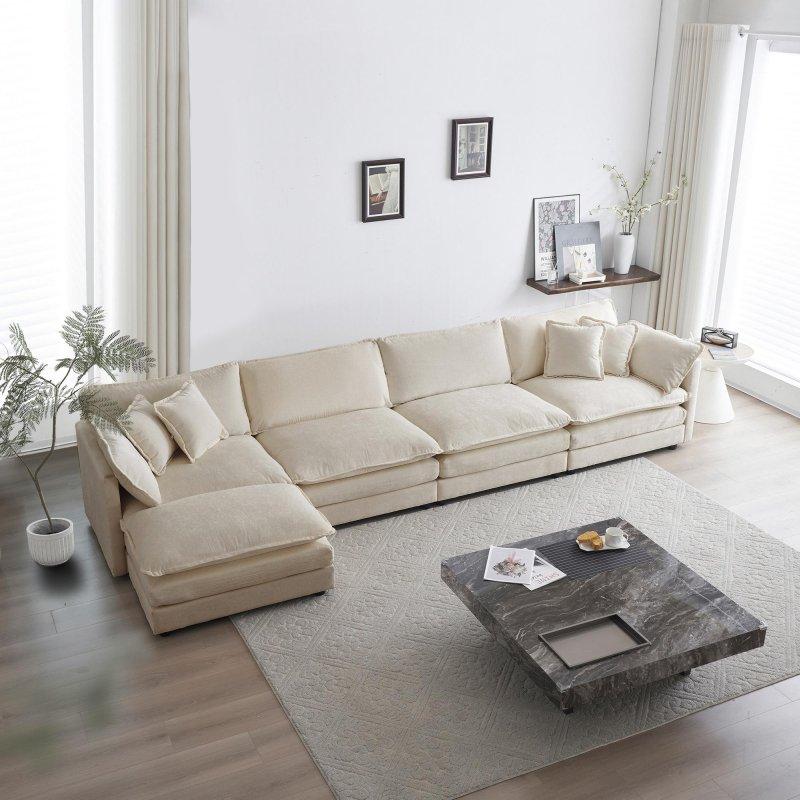 Bej Şönil Kumaş Modüler Puflu Köşe Koltuk - 373 cm - 260178