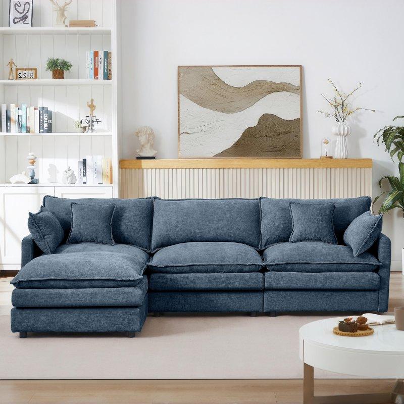 Bej Şönil Kumaş Modüler Puflu Masif Ahşap Köşe Koltuk - 260x150 cm - 260341