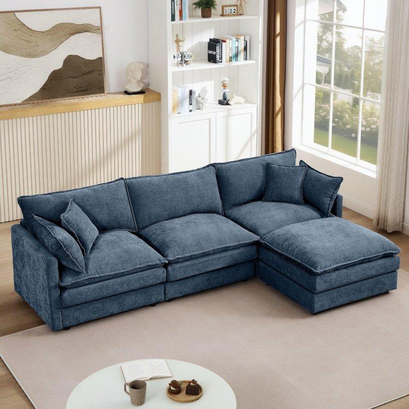 Bej Şönil Kumaş Modüler Puflu Masif Ahşap Köşe Koltuk - 260x150 cm - 260341