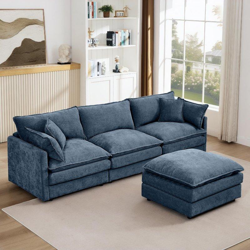 Bej Şönil Kumaş Modüler Puflu Masif Ahşap Köşe Koltuk - 260x150 cm - 260341