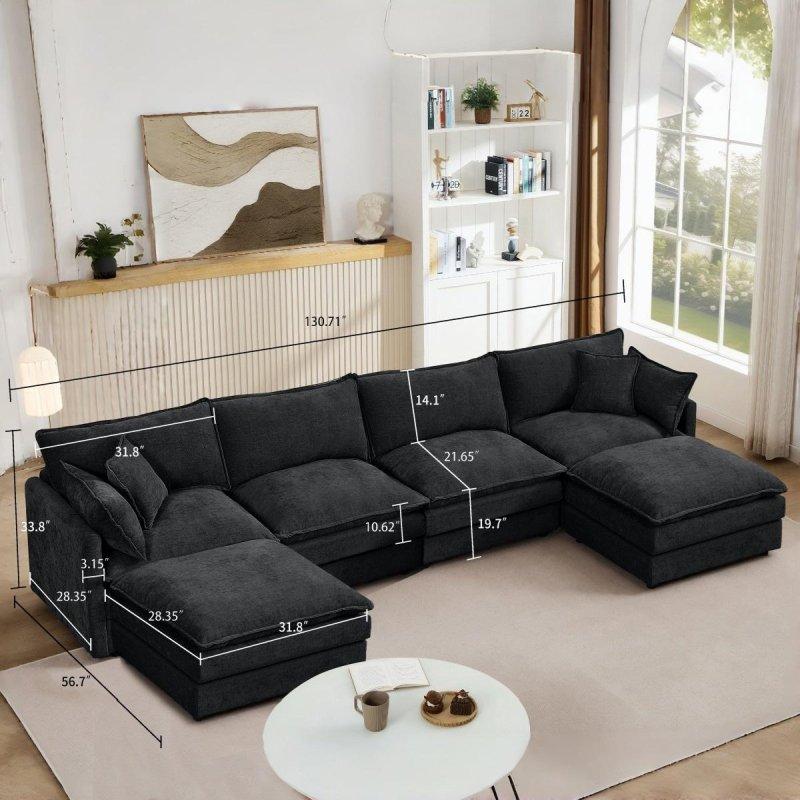 Bej Şönil Kumaş Modüler Puflu U Köşe Koltuk - 332 cm - 258925