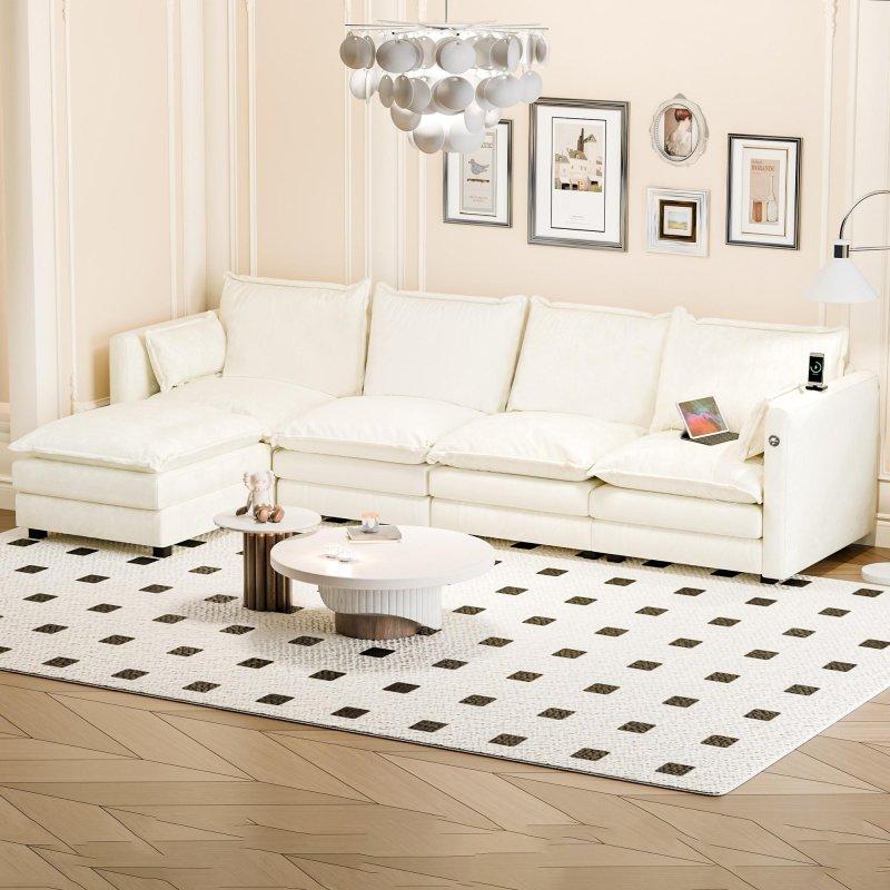 Bej Şönil Kumaş Modüler Puflu USB Şarj Portlu Köşe Koltuk - 280x84x79 cm - 259558