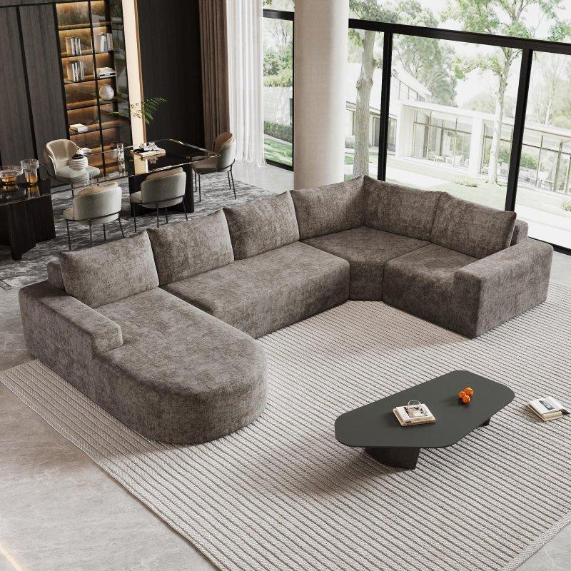 Bej Şönil Kumaş Modüler U Şekilli 5 Kişilik Köşe Koltuk - 357x209 cm - 254864