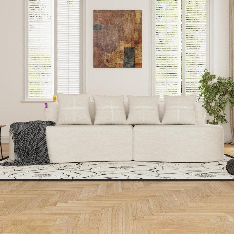 Bej Şönil Kumaş Modüler Yarım Ay Tasarımlı 3 Kişilik Bohem Koltuk - 290674