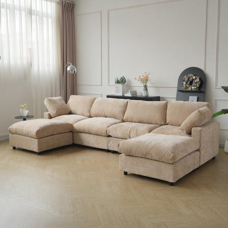 Bej Şönil Kumaş Modüler Yataklı Puflu U Köşe Koltuk Takımı - 341x171 cm - 257979