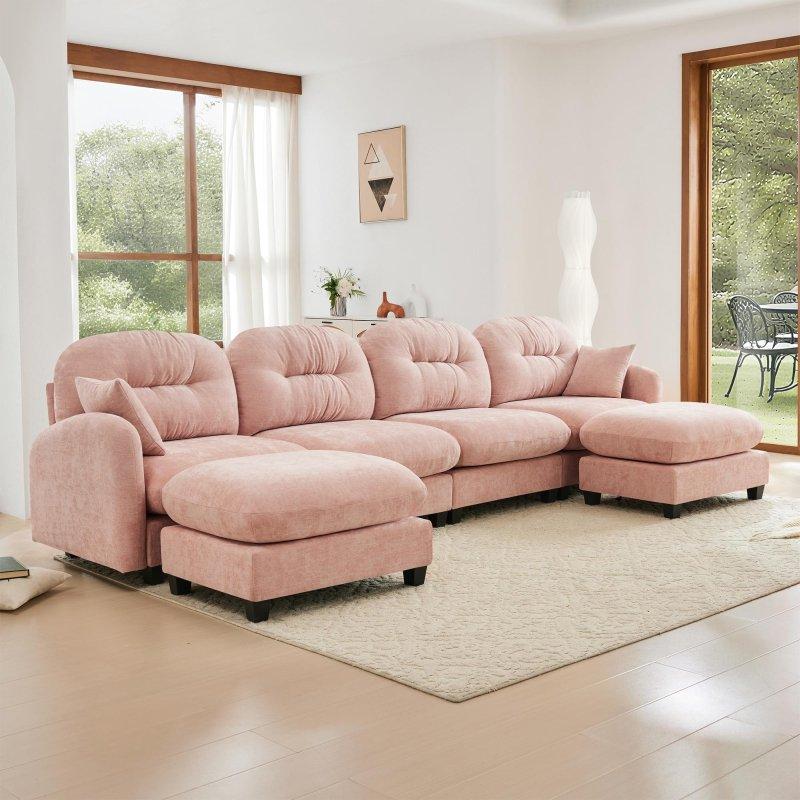 Bej Şönil Kumaş Puflu Modüler U Şekilli Köşe Koltuk - 356x152 cm - 256683