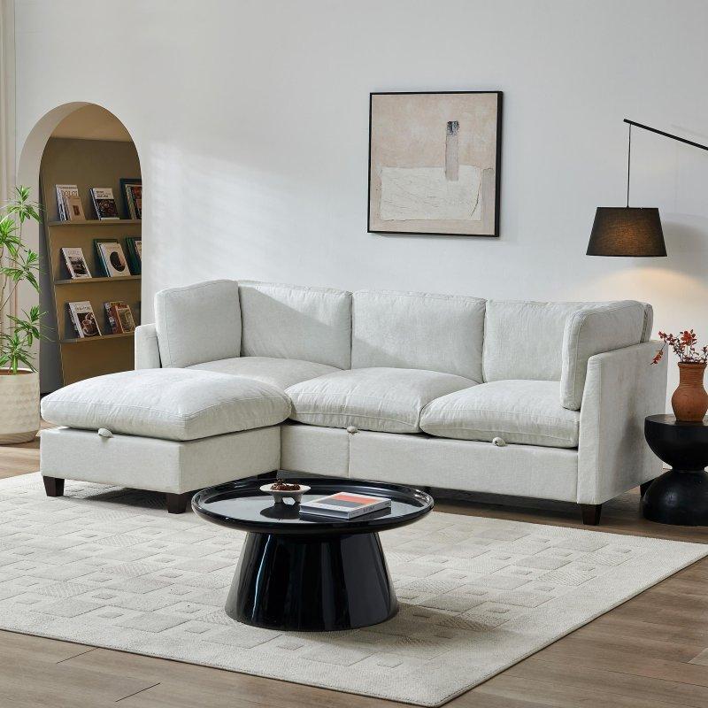 Bej Şönil Kumaş Sandıklı Puflu 3 Kişilik L Şeklinde Bohem Koltuk - 246x171 cm - 287621