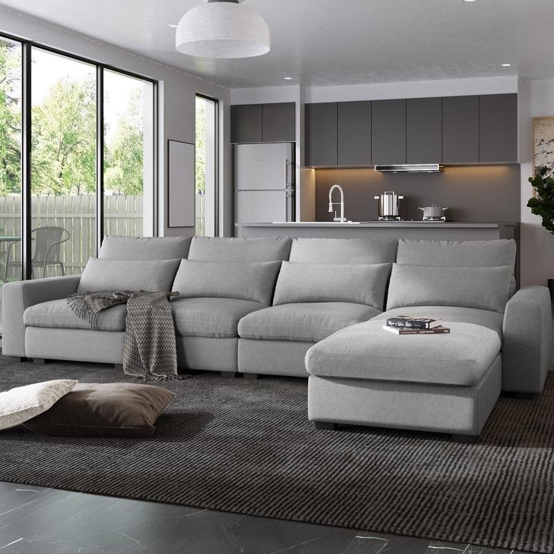 Bej Şönil Yönü Değiştirilebilir Kuş Tüyü Dolgulu Köşe Koltuk - 330x183 cm - 259720