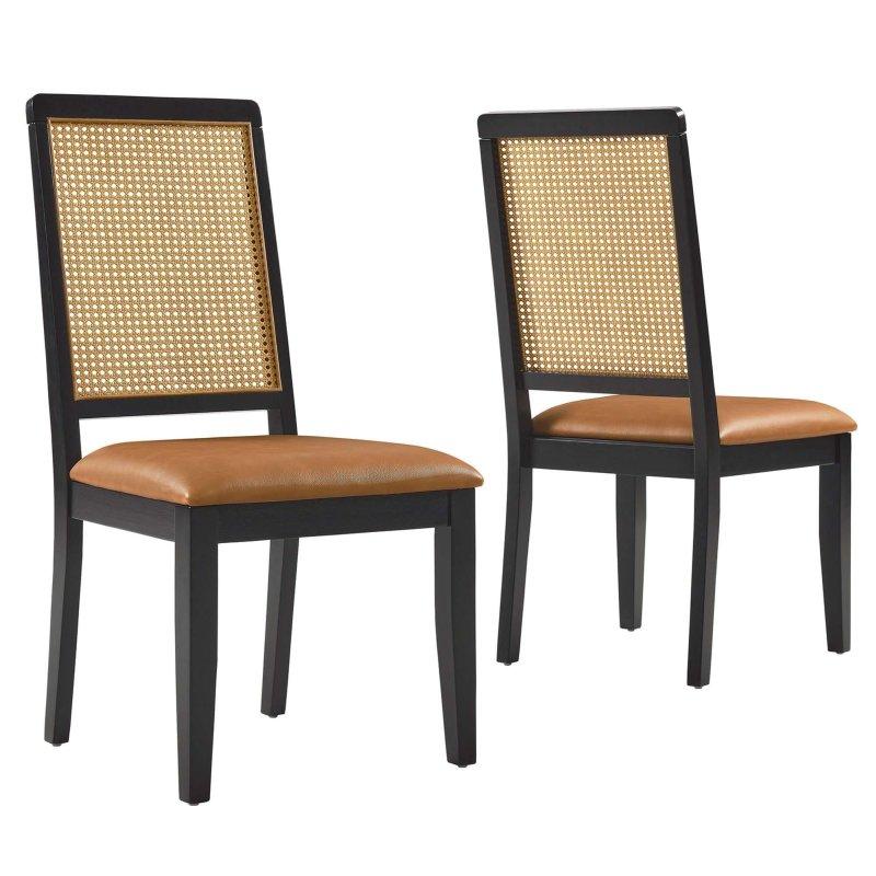 Bej Suni Deri Döşemeli Masif Ahşap 2li Set Rattan Sandalye - 252673