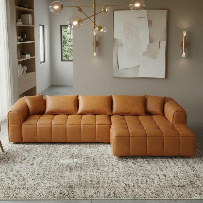 Bej Suni Deri Masif Ahşap Ayaklı Sağ Yönlü Kapitoneli Köşe Koltuk - 305x150 cm - 255662