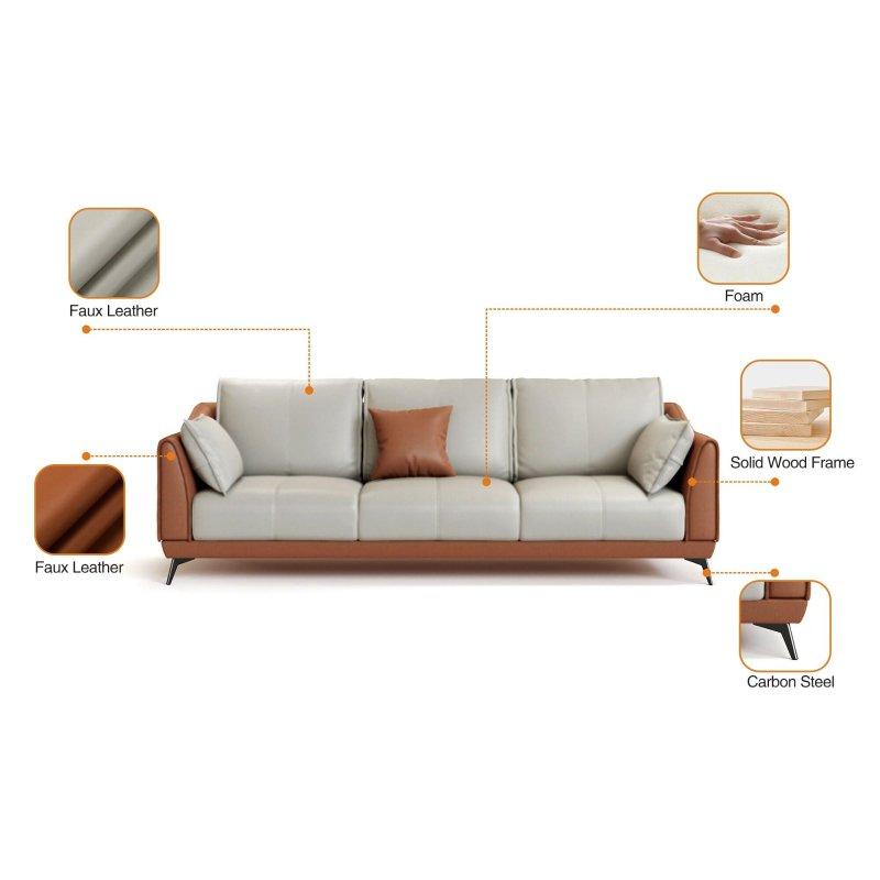 Bej Suni Deri Metal Ayaklı 3 Kişilik Yastık Sırtlı Bohem Koltuk - 212x93x88 cm - 278165