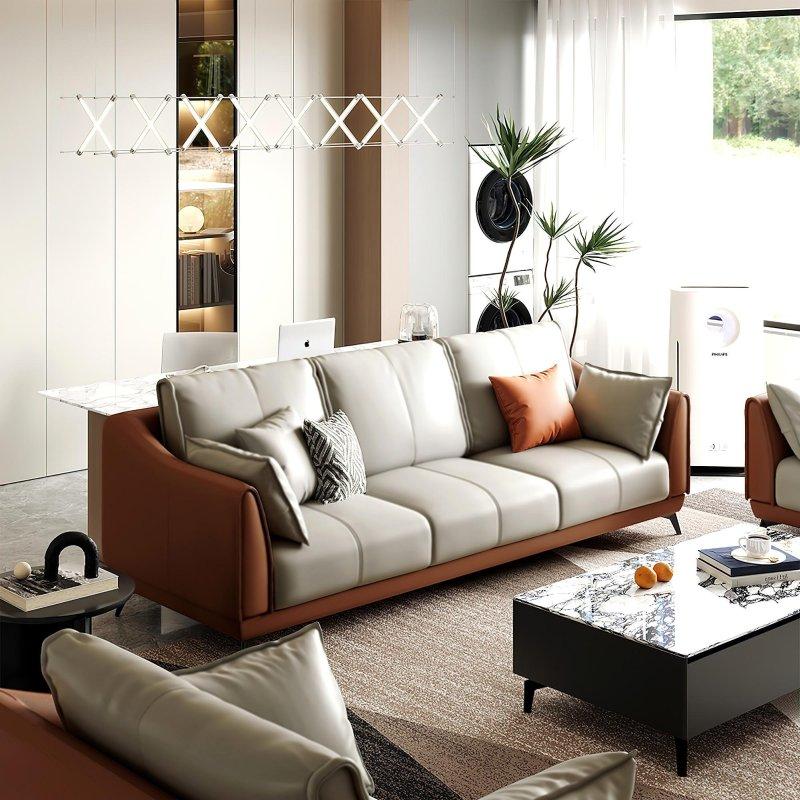 Bej Suni Deri Metal Ayaklı 3 Kişilik Yastık Sırtlı Bohem Koltuk - 212x93x88 cm - 278165