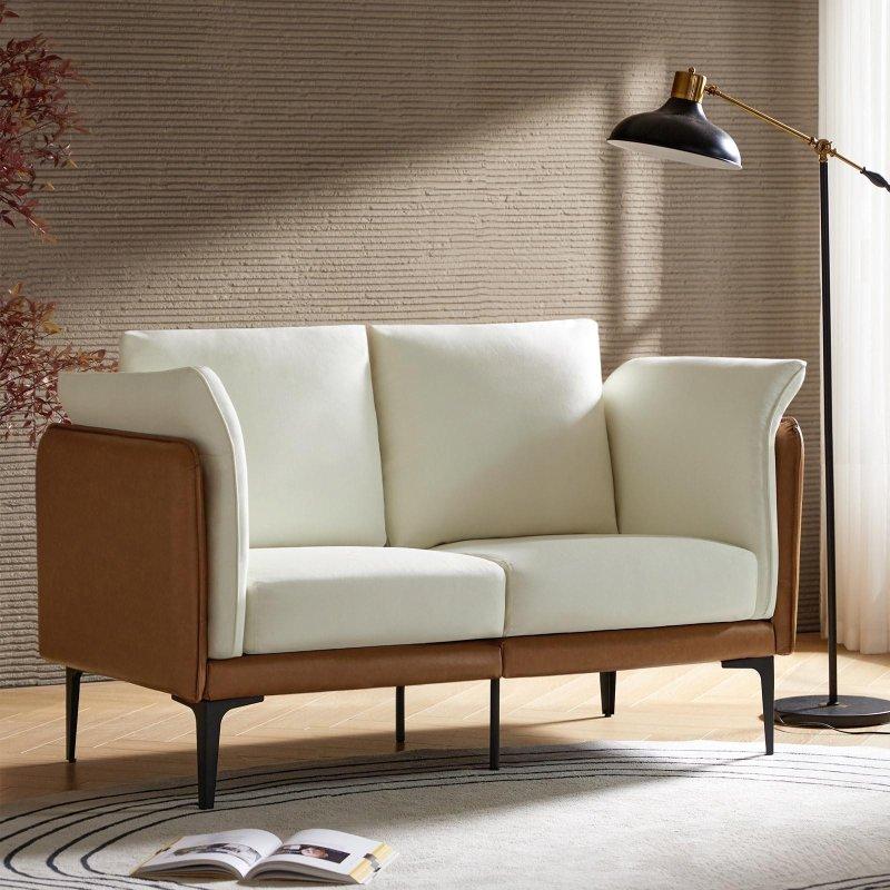 Bej Suni Deri ve Keten Kumaşlı Metal İskeletli İki Kişilik Modern Bohem Koltuk - 145 cm - 279757