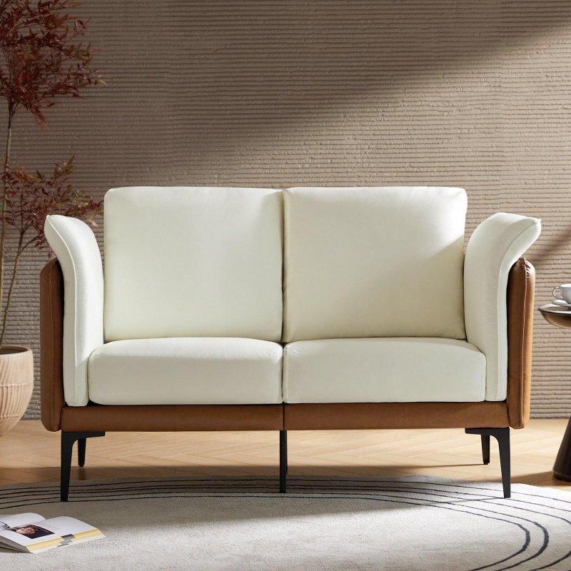 Bej Suni Deri ve Keten Kumaşlı Metal İskeletli İki Kişilik Modern Bohem Koltuk - 145 cm - 279757