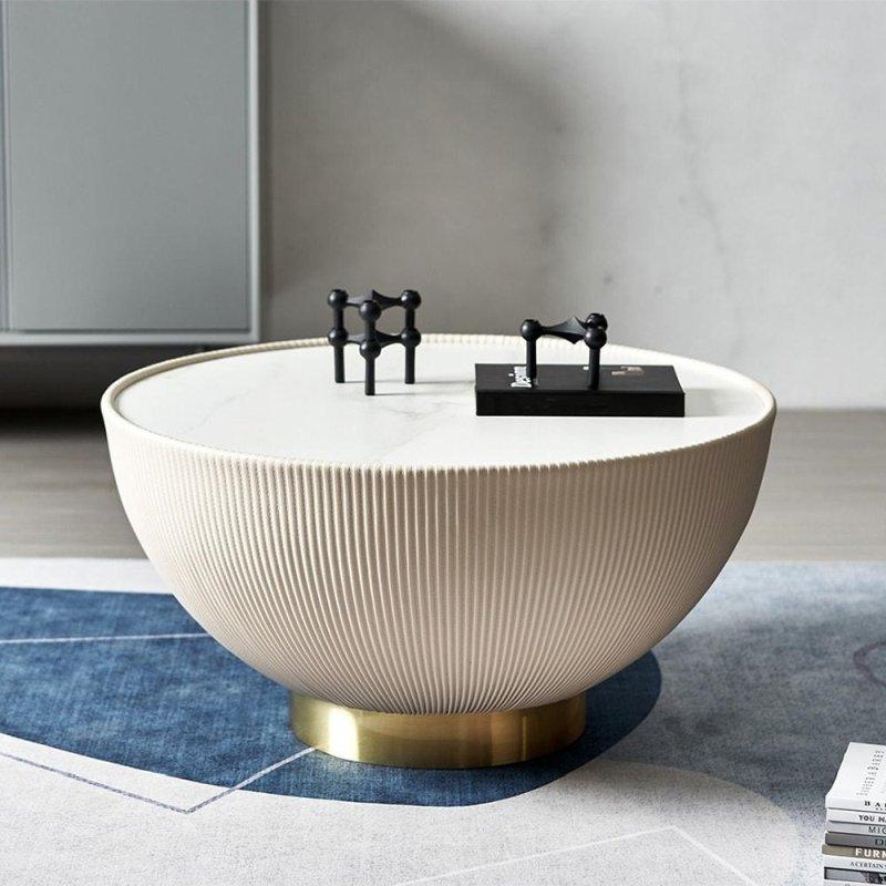 Bej Suni Deri ve Sinterlenmiş Taş Tablalı Montajsız Yuvarlak Orta Sehpa - 69x36 cm - 242191