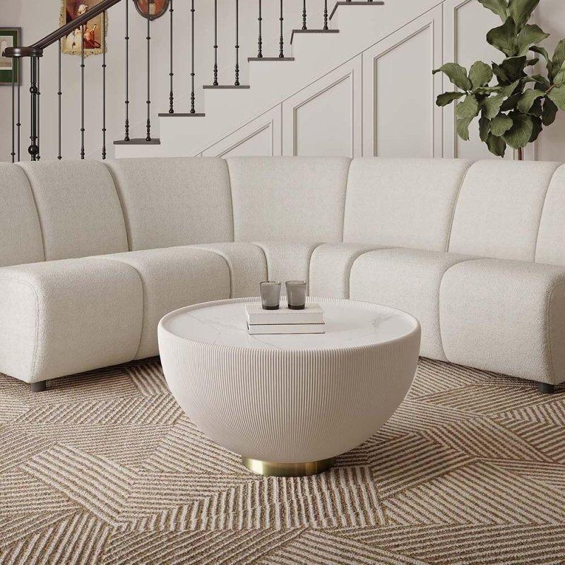 Bej Suni Deri ve Sinterlenmiş Taş Tablalı Montajsız Yuvarlak Orta Sehpa - 69x36 cm - 242191