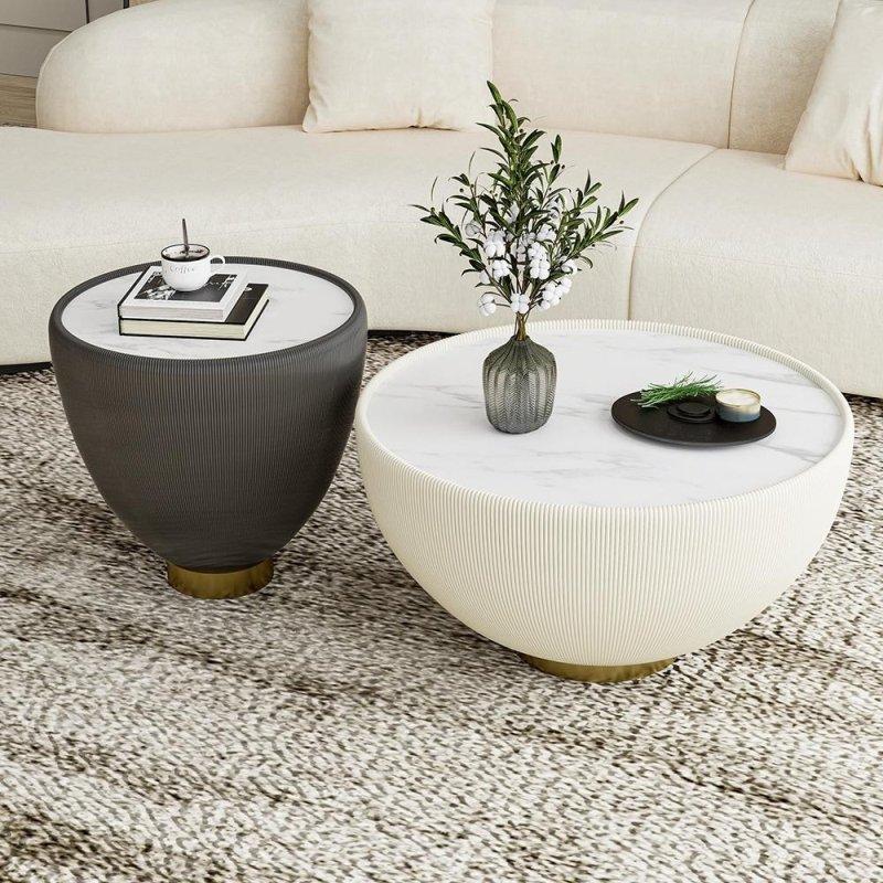 Bej Suni Deri ve Sinterlenmiş Taş Tablalı Montajsız Yuvarlak Orta Sehpa - 69x36 cm - 242191