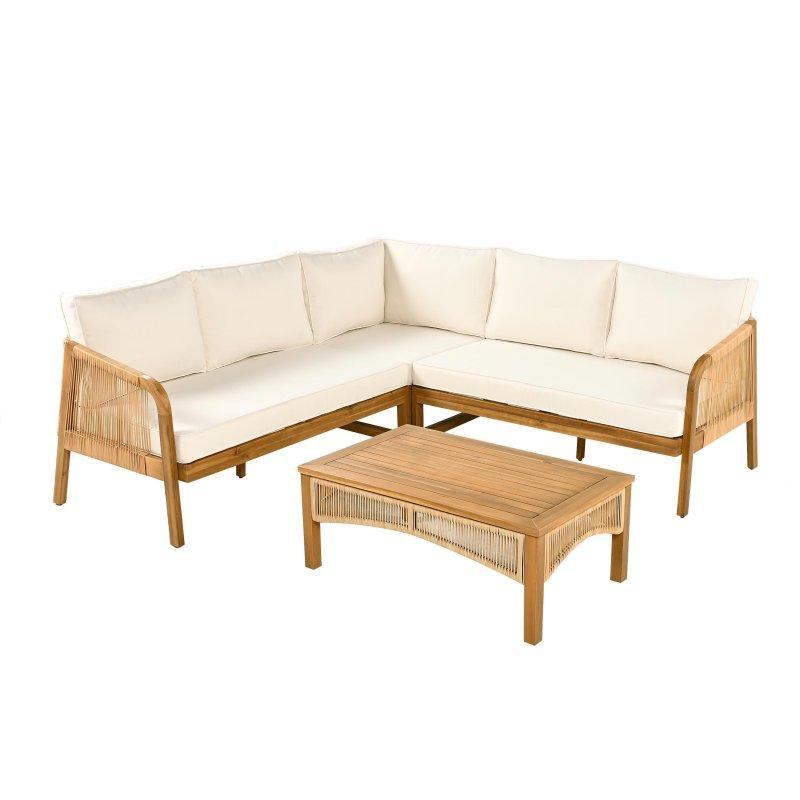 Bej Suni Rattan Detaylı Akasya Ağacı 4 Parça Minderli Bahçe Takımı - 270019