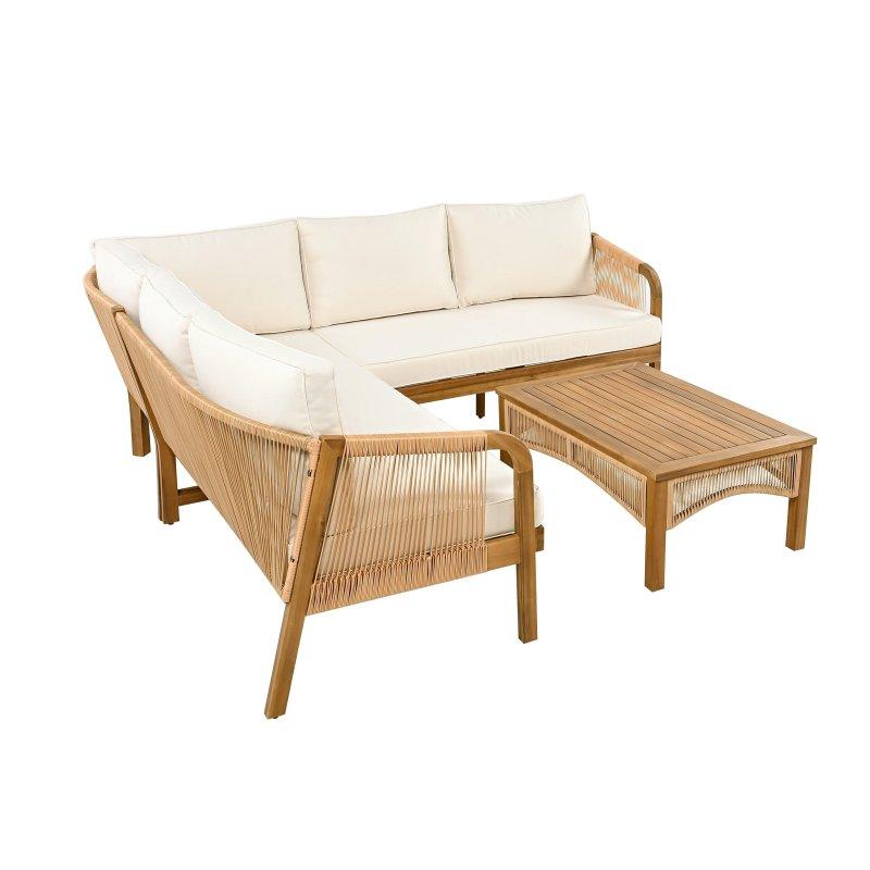Bej Suni Rattan Detaylı Akasya Ağacı 4 Parça Minderli Bahçe Takımı - 270019