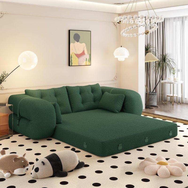 Bej Teddy Kumaş Çok Fonksiyonlu Katlanabilir Yataklı Bohem Koltuk - 200 cm - 278607