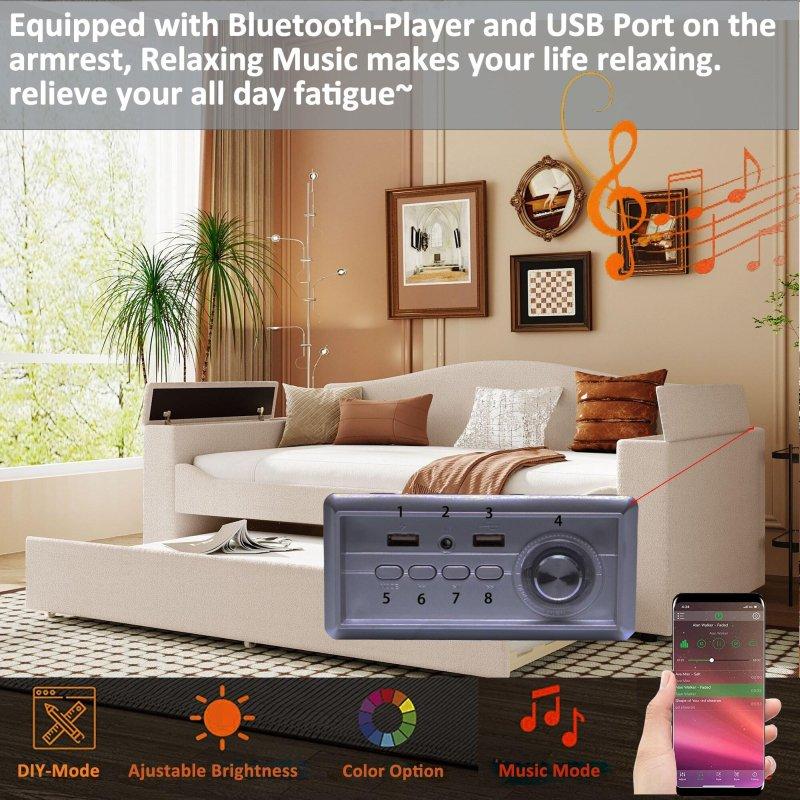 Bej Teddy Kumaş Döşemeli Bluetooth Hoparlörlü ve Yavru Yataklı Daybed Karyola - 329770
