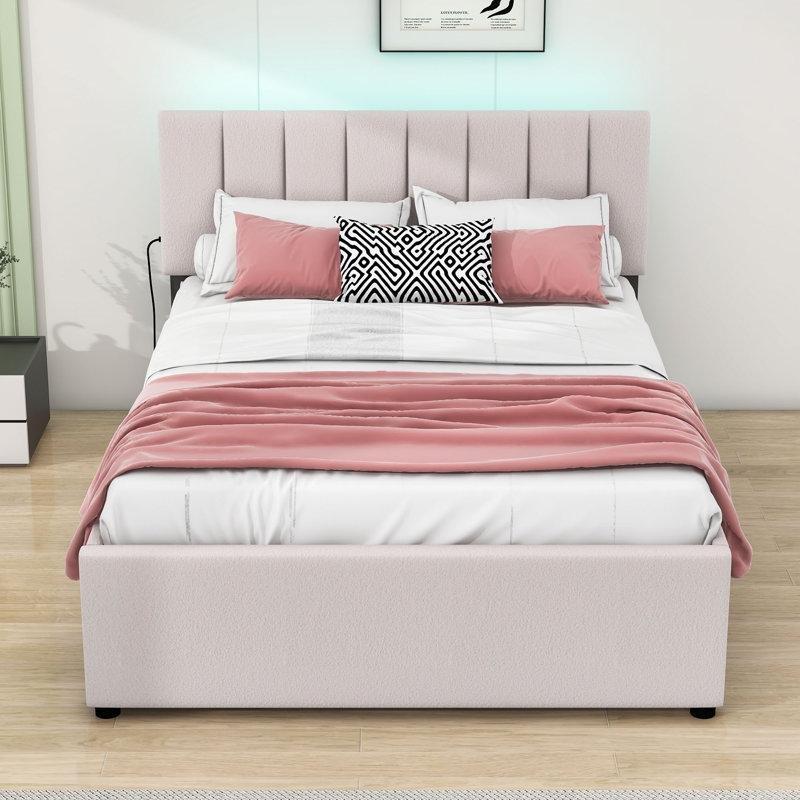 Bej Teddy Kumaş Döşemeli LED Aydınlatmalı MDF Yavru Yataklı Karyola - 150x201 cm - 329254