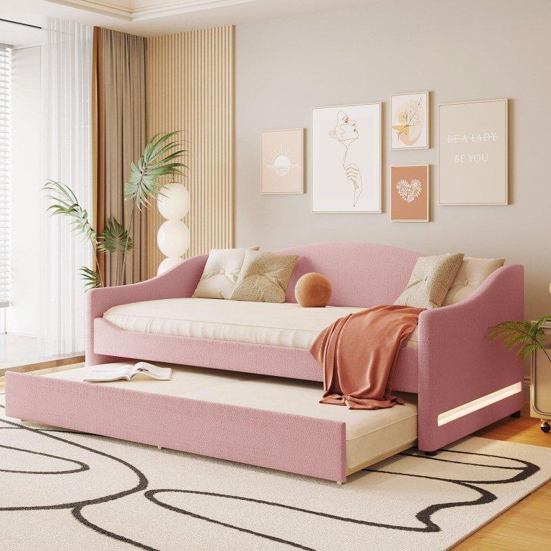 Bej Teddy Kumaş Döşemeli LED Işıklı Yavru Yataklı Daybed Karyola - 329962