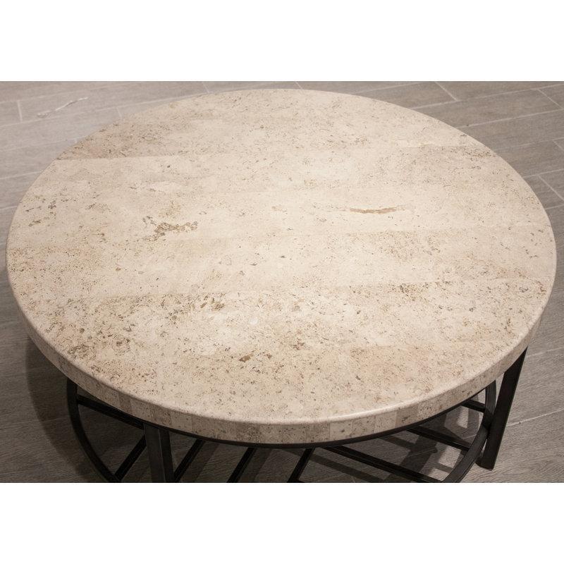 Bej Traverten Taş ve Gri Çelik Raflı Yuvarlak Orta Sehpa - 92 cm - 244212