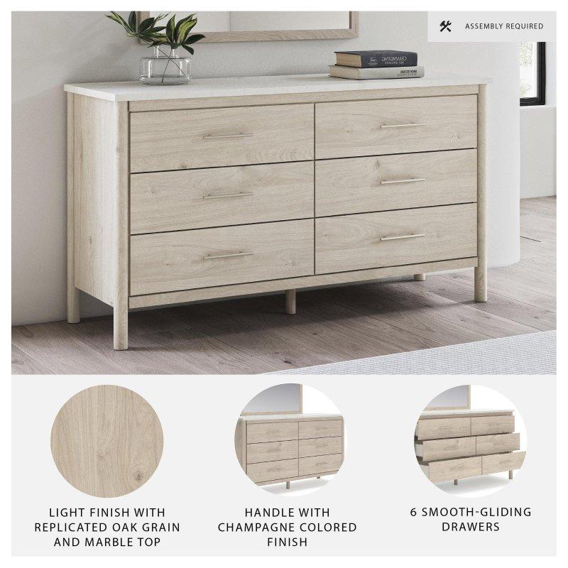 Bej ve Beyaz Meşe MDF Aynalı Mermer Tablalı 6 Çekmeceli Şifonyer - 163 cm - 295009