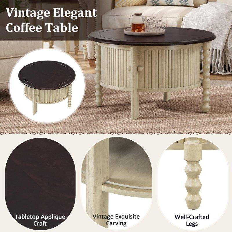 Bej ve Espresso MDF ve Kauçuk Ağacı Sürgülü Kapaklı Depolama Alanlı Yuvarlak Orta Sehpa - 77x46 cm - 241467