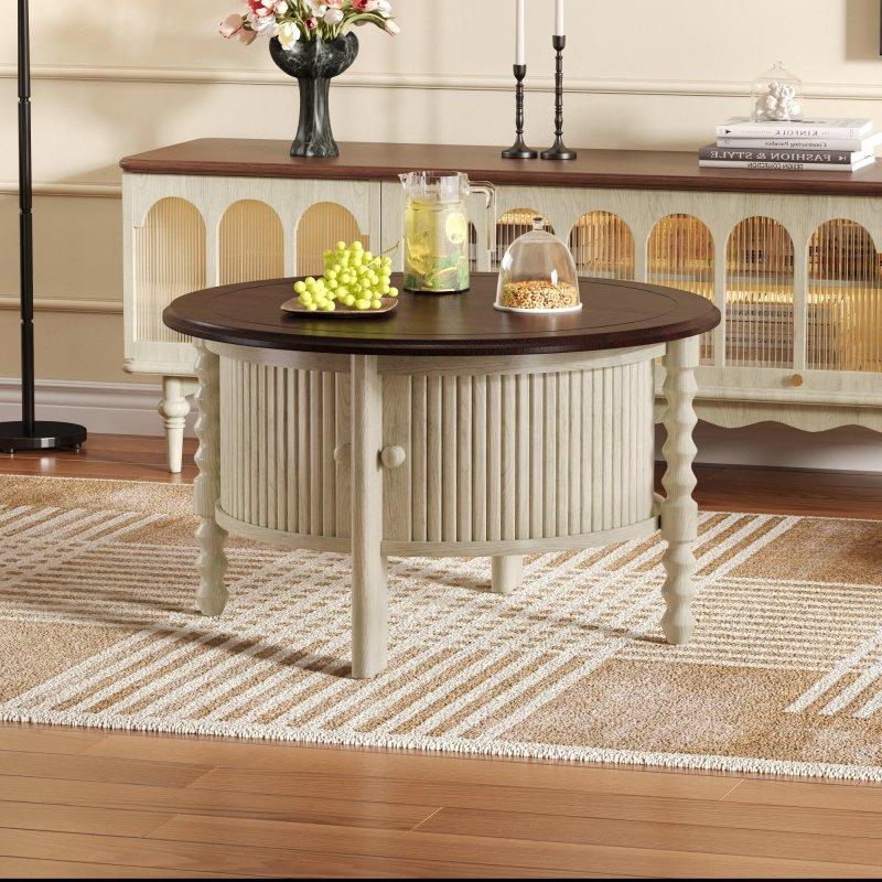 Bej ve Espresso MDF ve Kauçuk Ağacı Sürgülü Kapaklı Depolama Alanlı Yuvarlak Orta Sehpa - 77x46 cm - 241467