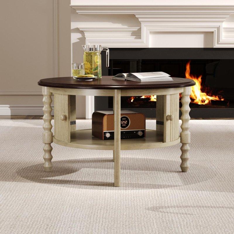 Bej ve Espresso MDF ve Kauçuk Ağacı Sürgülü Kapaklı Depolama Alanlı Yuvarlak Orta Sehpa - 77x46 cm - 241467