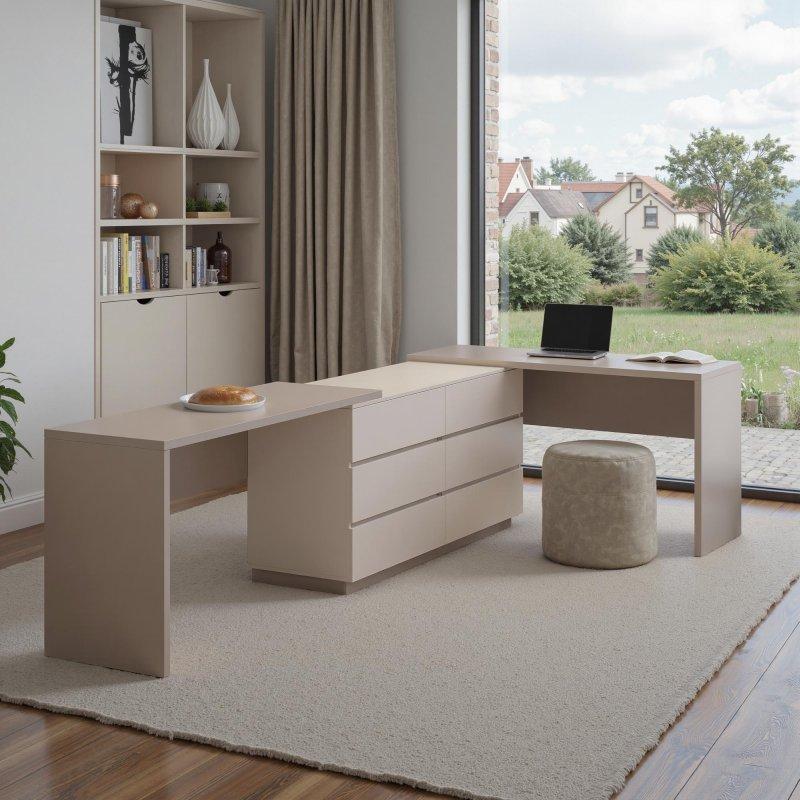 Bej ve Gri MDF Ahşap Genişletilebilir L Tipi 6 Çekmeceli Ofis Masası - 367 cm - 327528