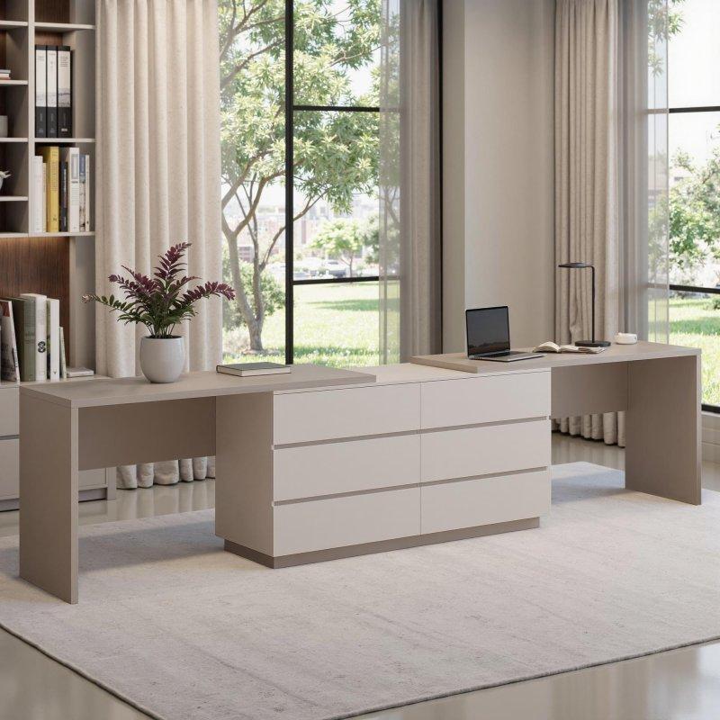 Bej ve Gri MDF Ahşap Genişletilebilir L Tipi 6 Çekmeceli Ofis Masası - 367 cm - 327528