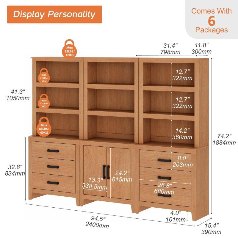 Bej ve Kahverengi MDF Kapaklı ve Çekmeceli 3 Parçalı Kitaplık Seti - 241x188 cm - 314088