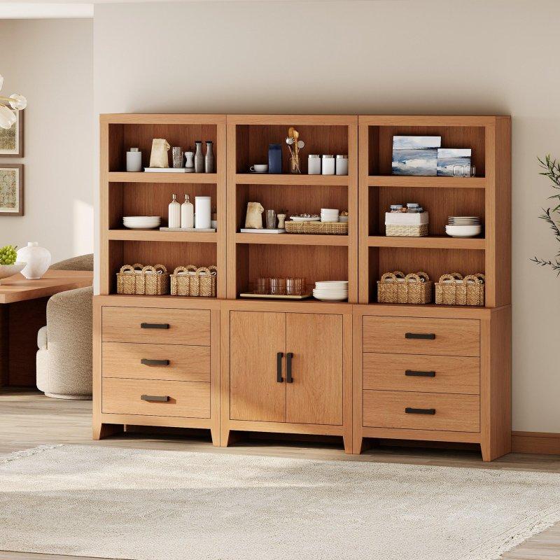 Bej ve Kahverengi MDF Kapaklı ve Çekmeceli 3 Parçalı Kitaplık Seti - 241x188 cm - 314088