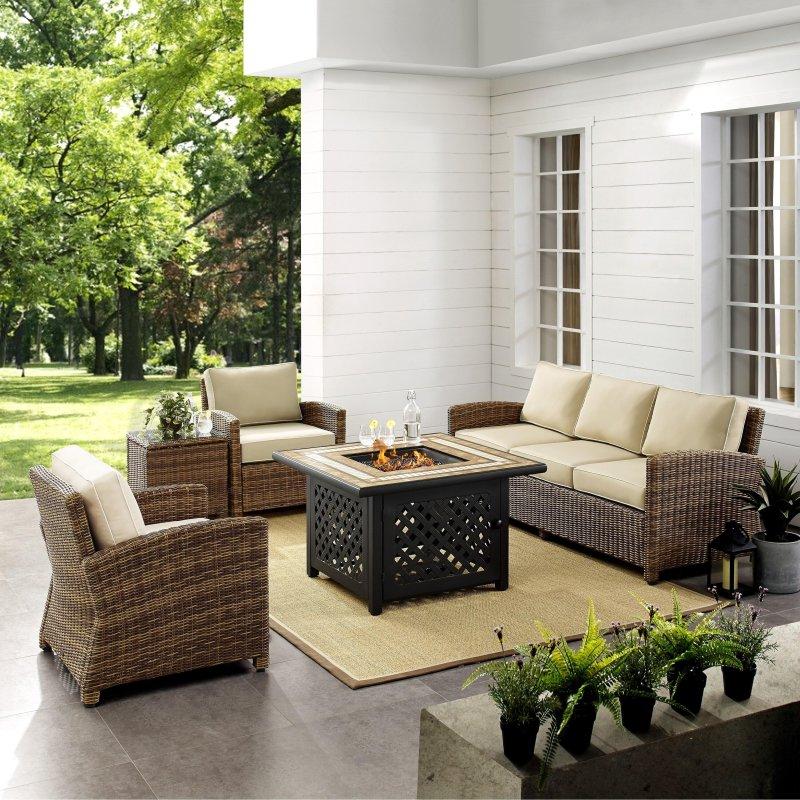 Bej ve Kahverengi Sentetik Rattan Minderli 5 Parça Ateş Çukurlu Bahçe Takımı - 356x356x83 cm - 268762