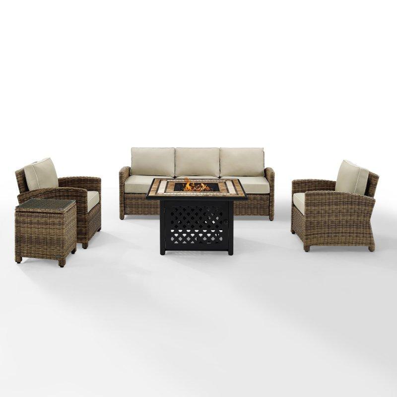 Bej ve Kahverengi Sentetik Rattan Minderli 5 Parça Ateş Çukurlu Bahçe Takımı - 356x356x83 cm - 268762