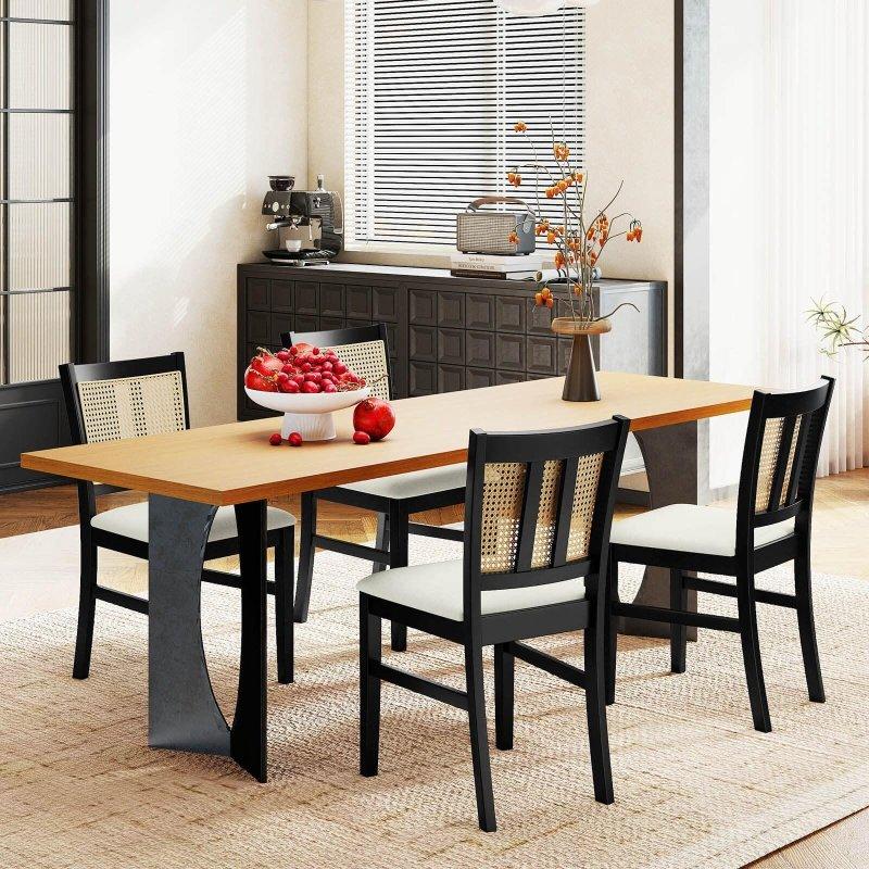 Bej ve Siyah Kauçuk Ağacı Kumaş Döşemeli Rattan Sandalye Seti - 252104